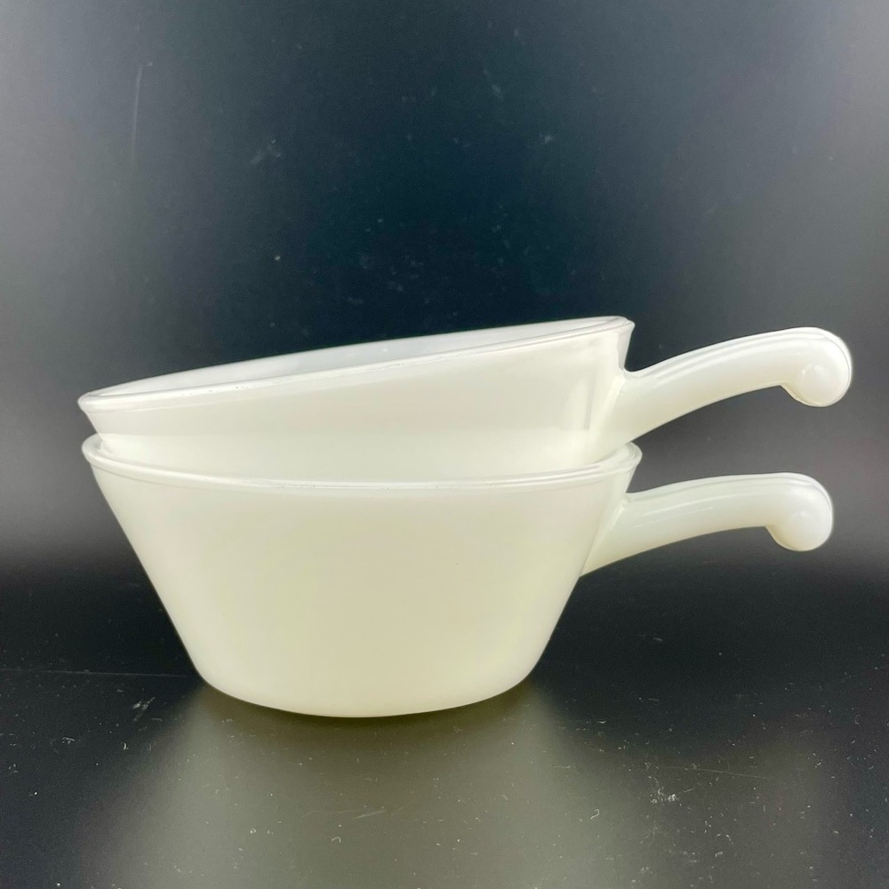 Vintage, White Milk Glass, Handled Bowls, Set of 2 by Fire King